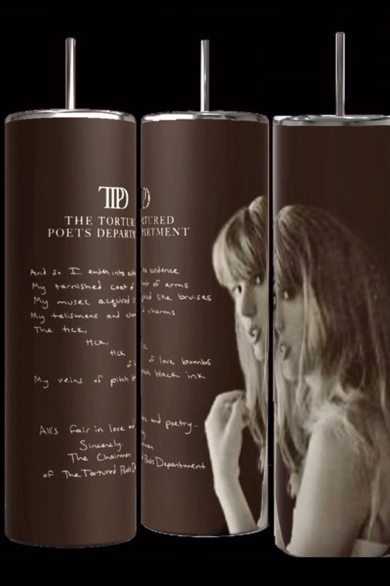 Three TTPD Lyrics 20oz Tumblers by Kreative Kreationz are displayed side by side, each featuring an image of a pensive woman. Overlaying the image, the text reads 