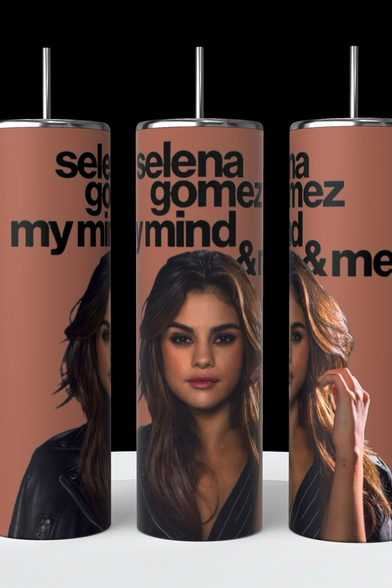 Three Kreative Kreationz Selena Gomez My Mind and Me 20oz Stainless Steel Tumblers are displayed on a white surface against a black background. Each tumbler features a photograph of Selena Gomez with brown hair, wearing a leather jacket, along with the text 