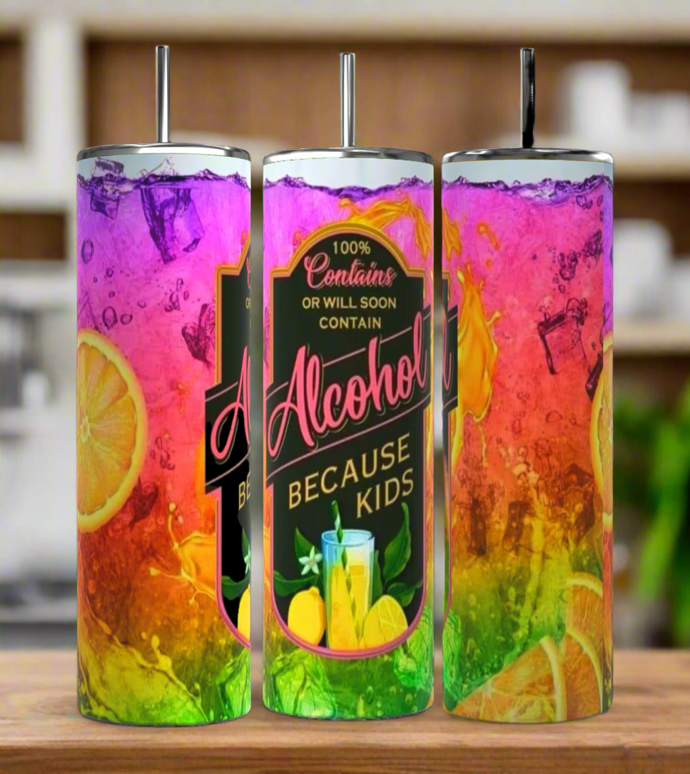 The Kreative Kreationz "Because I Have Kids" 20oz tumblers feature a rainbow ombre design with fruit slices, ice cubes, and a playful label against blurred kitchen shelves.