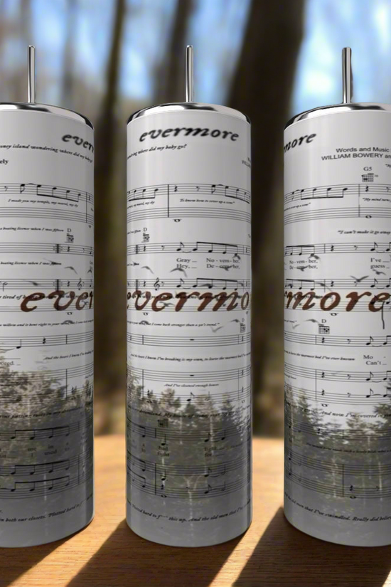 The Evermore | Taylor Swift 20oz Skinny Tumbler by Kreative Kreationz showcases musical sheets and 