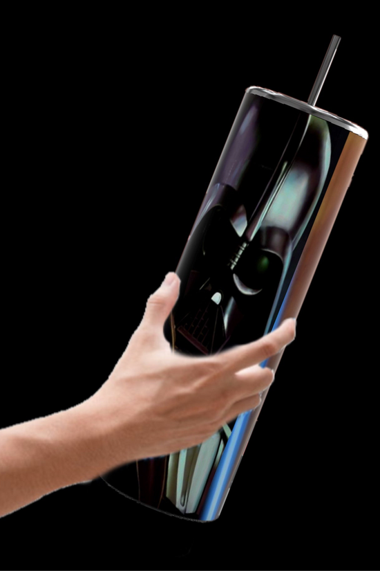 A hand holds a tall, cylindrical Star Wars 20oz Skinny Tumbler by Kreative Kreationz against a black background. It features a dark helmet design, durable construction, a metallic straw, and boasts a spill-proof lid for convenience.