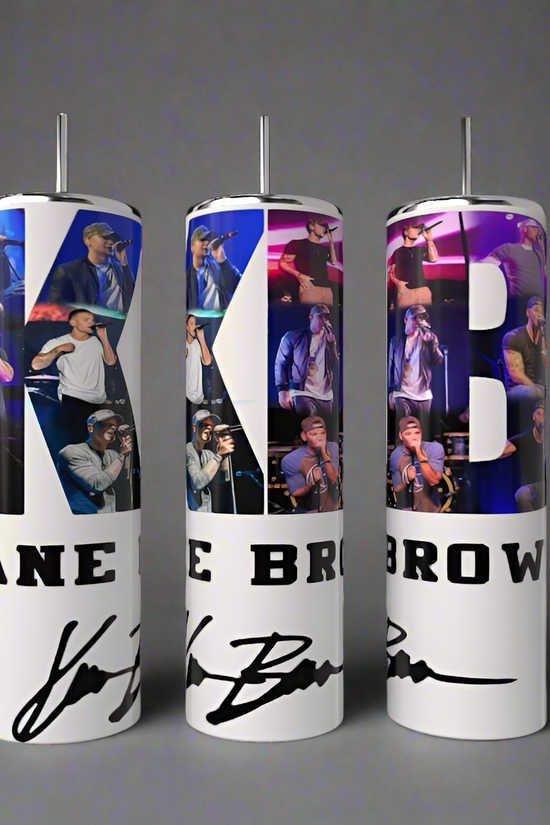 The Kane Brown 20oz Tumbler by Kreative Kreationz showcases sublimated photo collages of the singer on stage, featuring the letters 