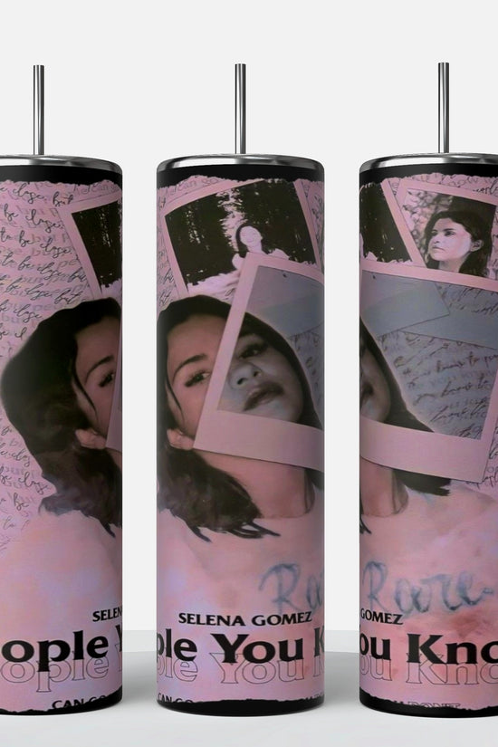 Introducing the Selena Gomez People You Know 20oz Stainless Steel Tumbler by Kreative Kreationz, featuring a vibrant collage design with images of a woman's face, pink Polaroid frames, and the text 