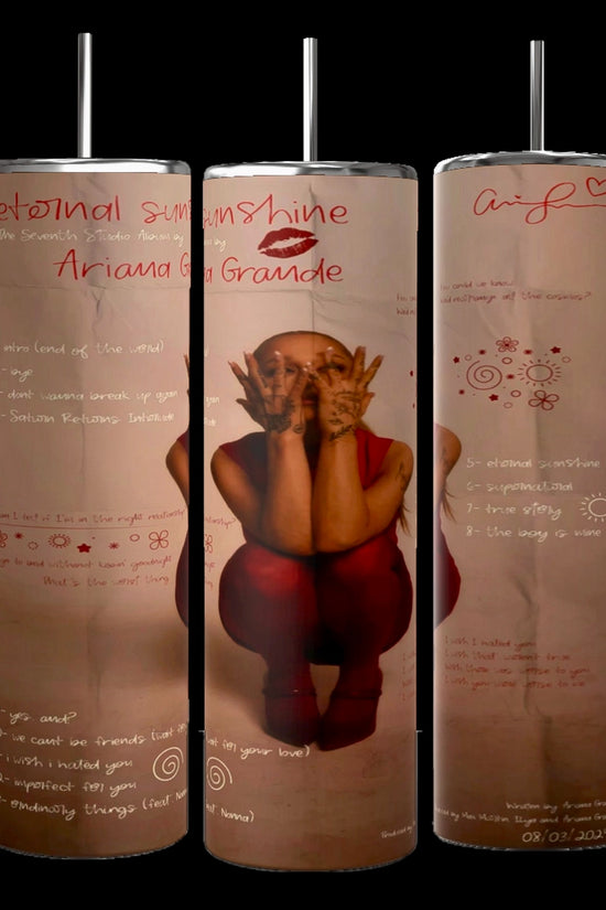Three 20oz tumblers from Kreative Kreationz, each adorned with a photo of a person in a pink outfit squatting with their hands framing their face, accompanied by handwritten text. Above the image, “eternal sunshine” is written amidst red and white doodles and notes. The date 