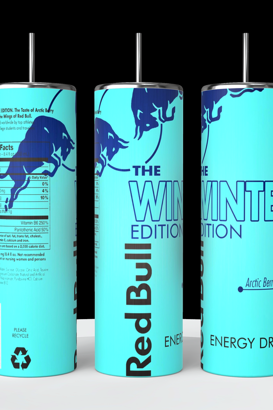 A collection of Red Bull lovers 20oz Tumblers from Kreative Kreationz, each displaying a different Red Bull flavor and distinct vibrant color. Arranged from left to right: Winter Edition (blue), Orange Edition (orange), Beach Edition (peach), Coconut Edition (white), Summer Edition (green), Original (silver), Sugarfree (white and blue stripe), and Tropical (yellow). Perfect for carrying your favorite energy drink without worrying about spills.