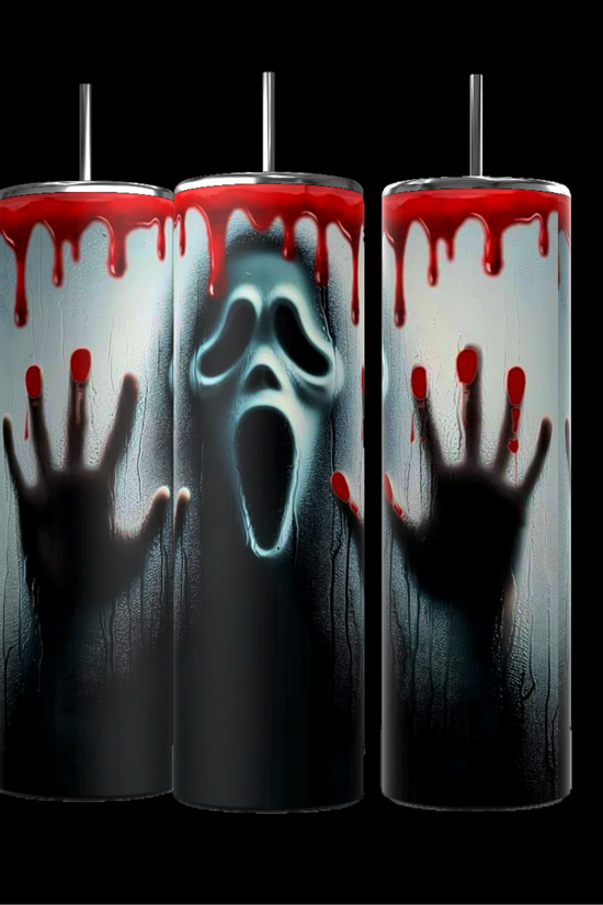 Kreative Kreationz GhostFace Killer 20oz Tumblers feature a horror design with ghostly hands and face on a glass-like surface, surrounded by red paint dripping like blood—eco-friendly and reusable. Available in sets of three stainless steel tumblers.