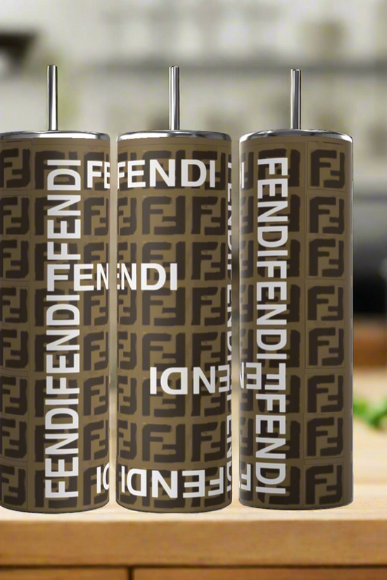 The trio of FENDI Brown 20oz Skinny Tumblers by Kreative Kreationz, featuring straw lids and the brown and black logo with 