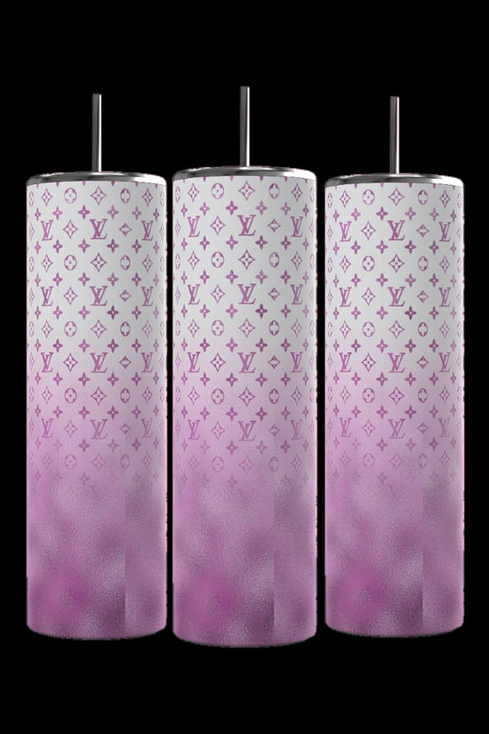 The LV 20oz Tumbler by Kreative Kreationz features a white-to-pink ombre design with metallic straws and a spill-proof lid, adorned with Louis Vuitton logos in a repeating pattern.