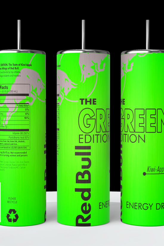 A collection of Red Bull lovers 20oz Tumblers from Kreative Kreationz, each displaying a different Red Bull flavor and distinct vibrant color. Arranged from left to right: Winter Edition (blue), Orange Edition (orange), Beach Edition (peach), Coconut Edition (white), Summer Edition (green), Original (silver), Sugarfree (white and blue stripe), and Tropical (yellow). Perfect for carrying your favorite energy drink without worrying about spills.