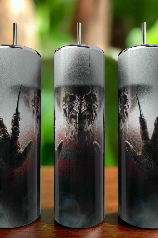 Three Kreative Kreationz Freddy Krueger 20oz Tumblers feature a dark, eerie design with a sinister figure showing clawed hands and a menacing face, set against a blurred natural background.