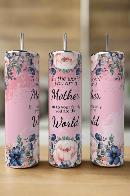 Three Kreative Kreationz Mom 20oz Tumblers, each pink with floral design and metal straw, feature the message: 