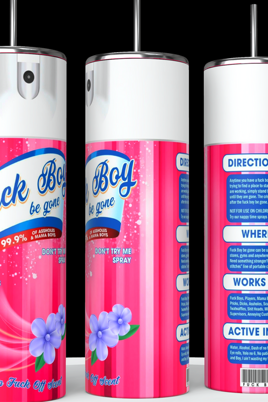 Three pink spray cans labeled 