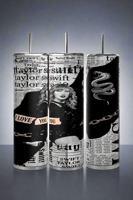 Three Evermore | Taylor Swift 20oz Skinny Tumblers by Kreative Kreationz with spill-proof lids are displayed on a wooden surface with a forest background. Each tumbler features an image of a person with a braided hairstyle facing away and the word 