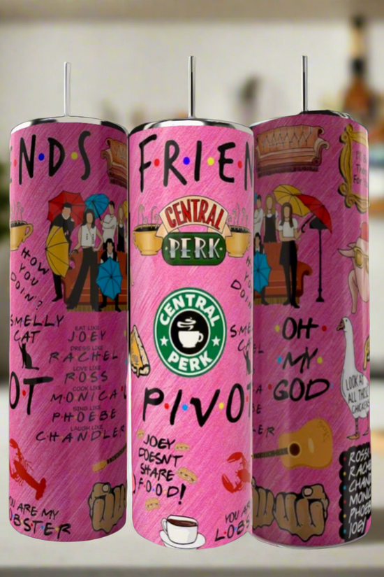 The Friends 20oz Tumbler by Kreative Kreationz features tall, pink stainless steel construction with colorful Friends quotes like 