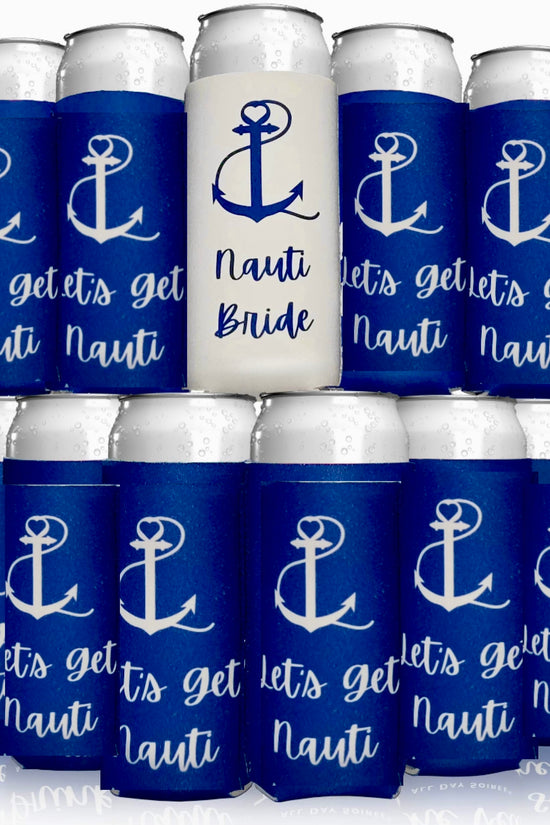 A pyramid of Kreative Kreationz's Nautical Beach Theme 6-12 Pack Customizable Koozies features blue covers with a white anchor and 