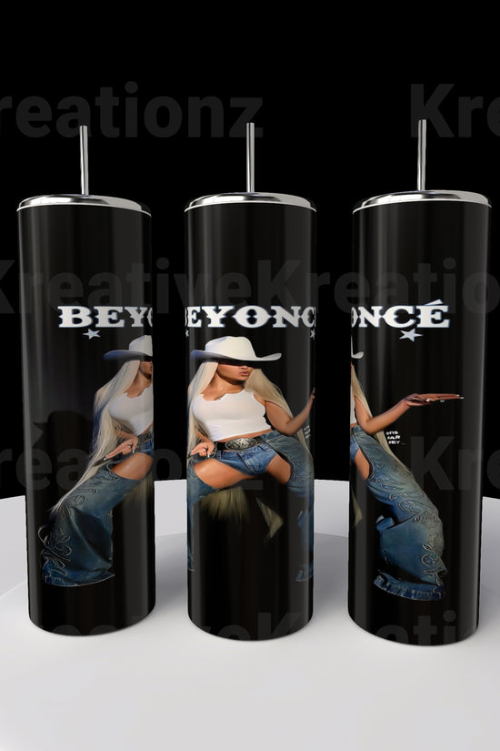Three sleek black 20oz stainless steel tumblers by Kreative Kreationz feature a woman in a cowboy hat, denim jacket, and jeans with her name in bold white letters on each. The stylish, edgy design against a dark background makes them perfect for any Beyonce tumbler collection.