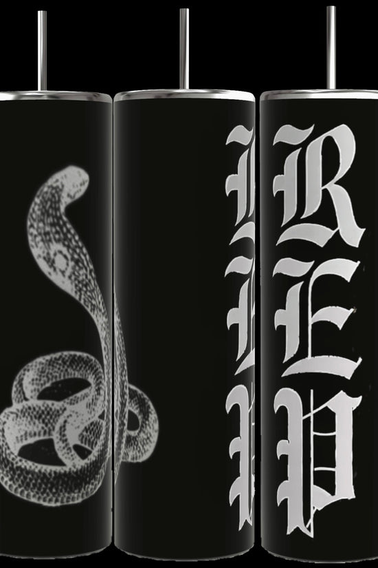 Three black 20oz Skinny Tumblers from Kreative Kreationz, each equipped with a reusable metal straw, are displayed. The first tumbler showcases a coiled snake design, while the second and third tumblers collectively spell out 