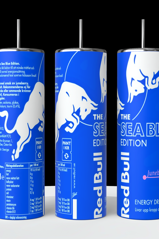 A collection of Red Bull lovers 20oz Tumblers from Kreative Kreationz, each displaying a different Red Bull flavor and distinct vibrant color. Arranged from left to right: Winter Edition (blue), Orange Edition (orange), Beach Edition (peach), Coconut Edition (white), Summer Edition (green), Original (silver), Sugarfree (white and blue stripe), and Tropical (yellow). Perfect for carrying your favorite energy drink without worrying about spills.