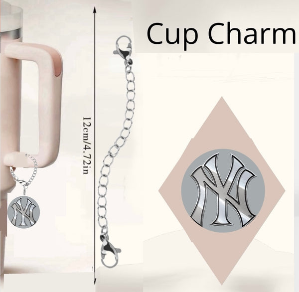 The NY Yankees Charm Dangle by Kreative Kreationz is a metal cup charm with a lobster clasp chain and round pendant featuring a silver "NY" logo. "Cup Charm" text is shown, with the charm length listed as 12 cm (4.72 in).