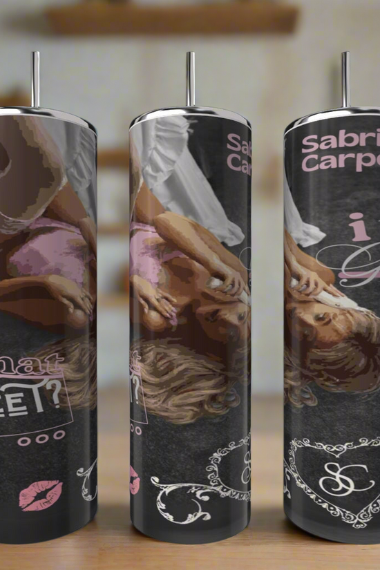 Three Sabrina Carpenter 20oz Tumblers by Kreative Kreationz feature a woman in pink, playful doodles, hearts, lips, and bold 