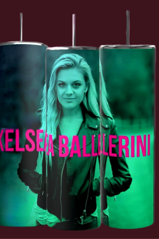 Three eco-friendly, stainless steel tumblers from Kreative Kreationz feature a woman in a leather jacket with blonde hair. The 