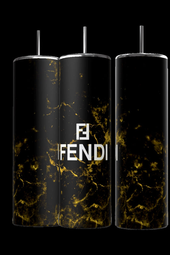 The FENDI Black Gold 20oz Skinny Tumblers by Kreative Kreationz showcase luxurious black and gold marble patterns with 