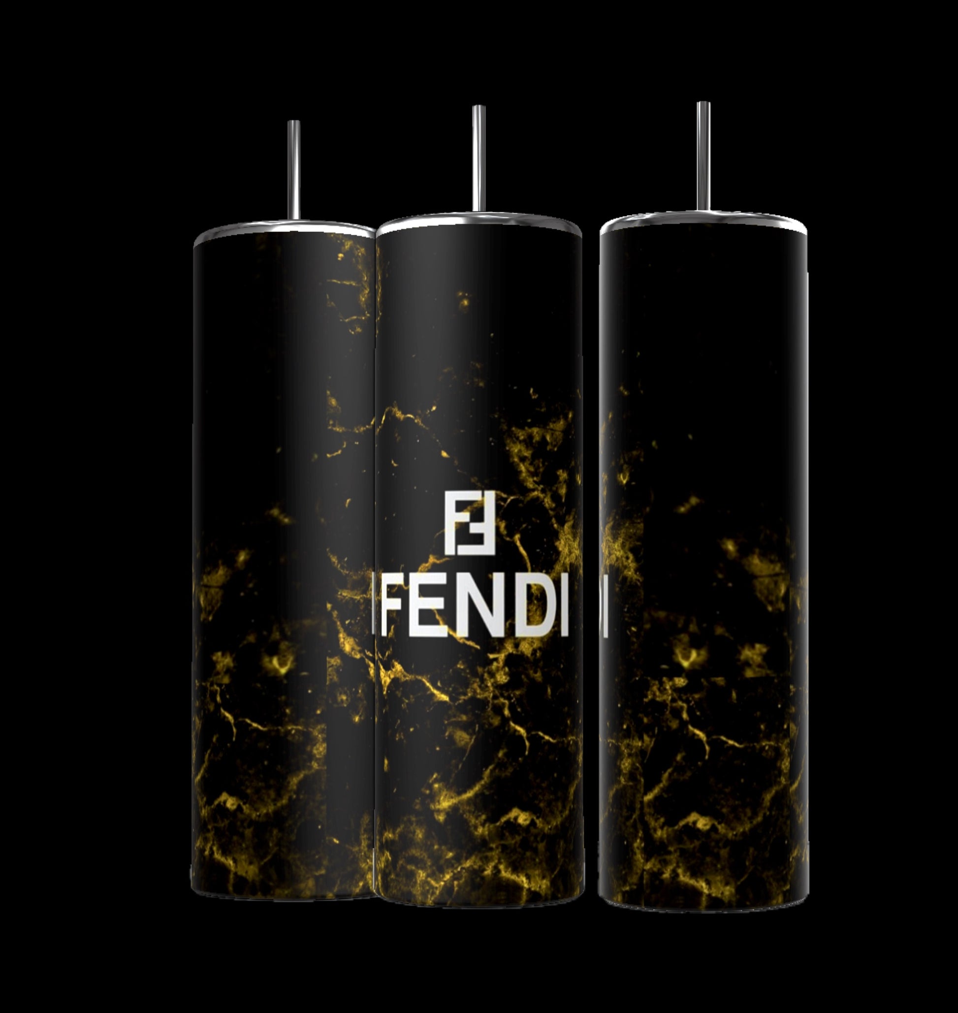 The FENDI Black Gold 20oz Skinny Tumblers by Kreative Kreationz showcase luxurious black and gold marble patterns with "FENDI" in white. These stylish beverage accessories feature double-wall insulation, complete with a metal straw through the lid, blending elegance and practicality.