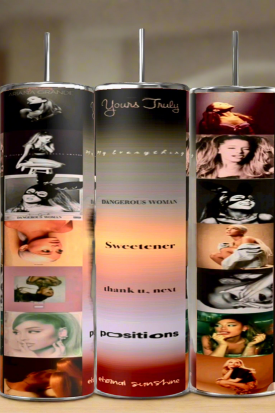Three Kreative Kreationz Ariana Grande Aesthetic 20oz Tumblers highlight album covers and images of the pop artist, featuring 
