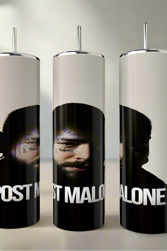 Three luxury-inspired Kreative Kreationz Post Malone Tumblers stand side by side, showcasing tattooed face images and 