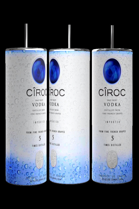 A selection of five Ciroc vodka bottles arranged in a row. Flavors include Coconut, Mango, Apple, Vodka (Snap Frost), and Red Berry. Each bottle showcases its distinct color and label, highlighting the brand’s French heritage and the tagline “Product of France.” For a perfect pairing, consider using the stylish Ciroc 20oz Tumbler by Kreative Kreationz.