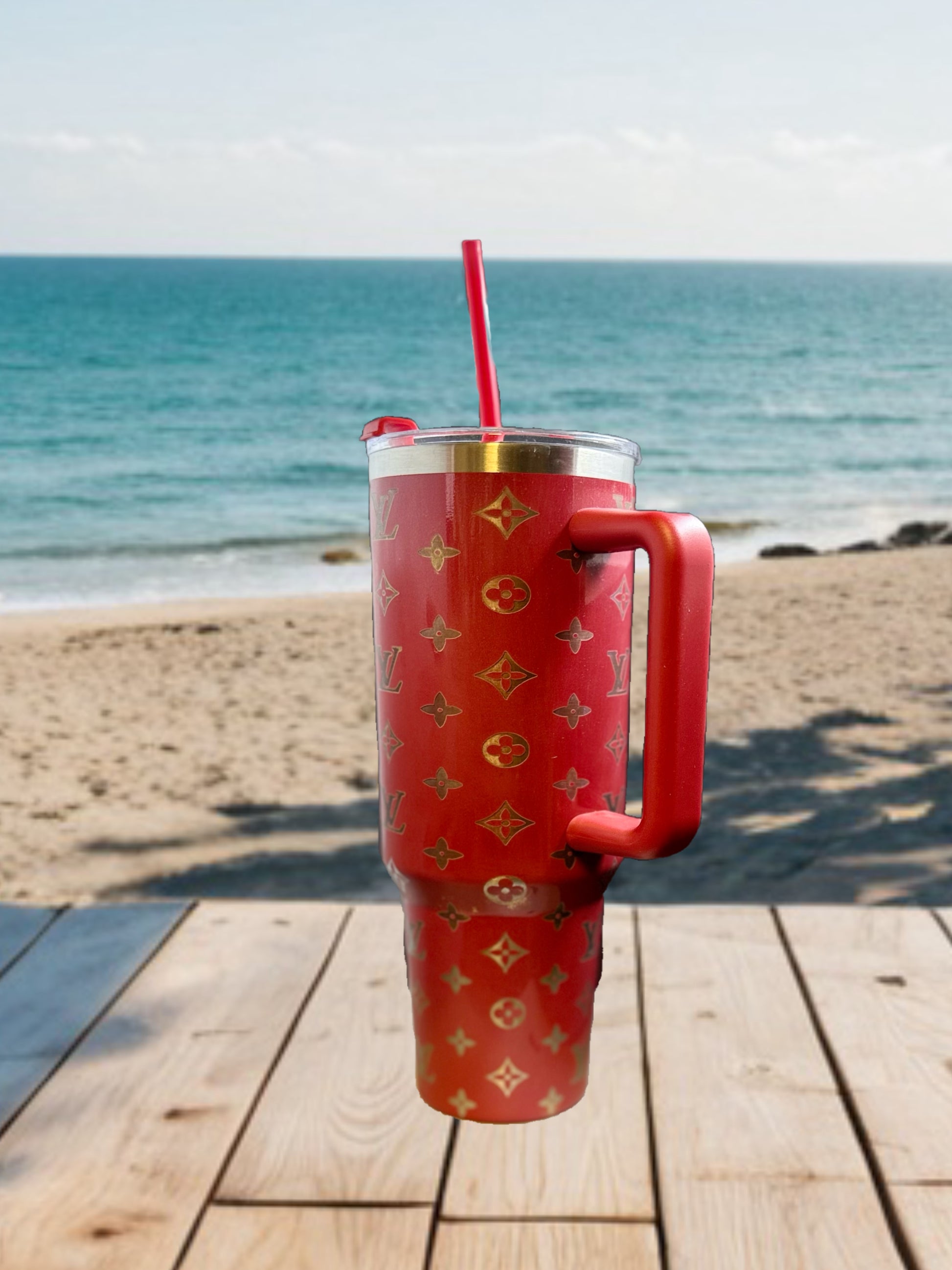 Louis Vuitton Inspired Gold Etched Engraved 40oz Stainless Steel Tumbler