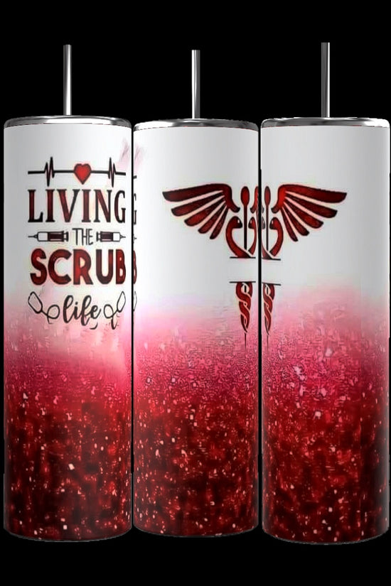 Three Kreative Kreationz Scrub Life inspired 20oz Tumblers with a red glitter gradient design and black straws. The first tumbler showcases the phrase 