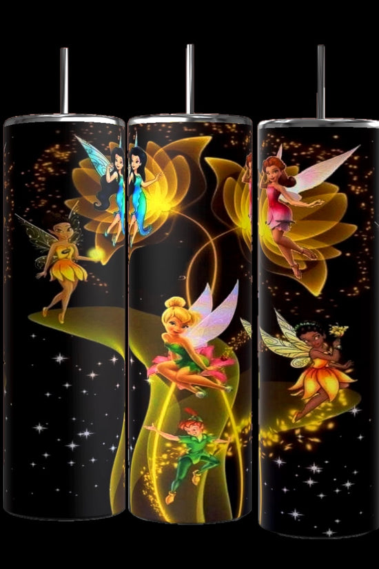 Three Tinkerbell 20oz Skinny Tumblers from Kreative Kreationz feature colorful winged fairies dancing among glowing abstract flower designs and twinkling stars on a dark background, crafted from eco-friendly stainless steel to create a magical theme.