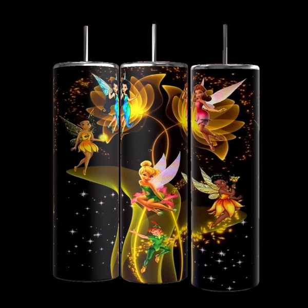 Three Tinkerbell 20oz Skinny Tumblers from Kreative Kreationz feature colorful winged fairies dancing among glowing abstract flower designs and twinkling stars on a dark background, crafted from eco-friendly stainless steel to create a magical theme.