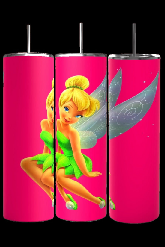 Three Tinkerbell Pink 20oz Skinny Tumblers from Kreative Kreationz display a fairy with blonde hair in a bun, wearing a green dress and mid-flight with translucent swirl-patterned wings. These sublimated tumblers have spill-proof lids and are lined up against a black background.
