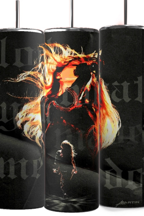 Experience the REP ERA -20oz Skinny Tumbler set by Kreative Kreationz, featuring three sleek cylindrical designs that depict a character with flowing red hair in an eye-catching pose. Set against a dark backdrop, subtle stylized text and the artist's signature enhance the uniqueness of this eco-friendly masterpiece.