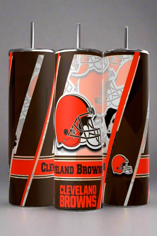 The Kreative Kreationz Cleveland Browns 20oz Skinny Tumbler set features three eco-friendly stainless steel tumblers with team logos, orange and brown stripes, and 