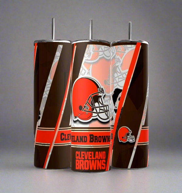 The Kreative Kreationz Cleveland Browns 20oz Skinny Tumbler set features three eco-friendly stainless steel tumblers with team logos, orange and brown stripes, and "Cleveland Browns" on a gray background—perfect for dedicated fans.