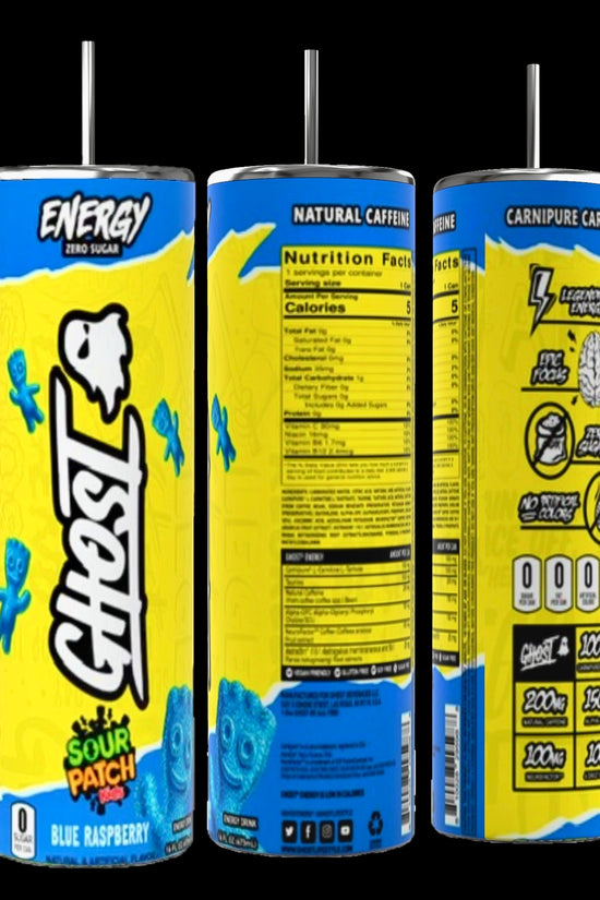 Three cans of Ghost energy drink are displayed alongside the stylish GHOST 20oz Skinny Tumbler with a reusable straw by Kreative Kreationz, perfect for keeping beverages hot or cold. The predominantly yellow cans with red accents feature the 