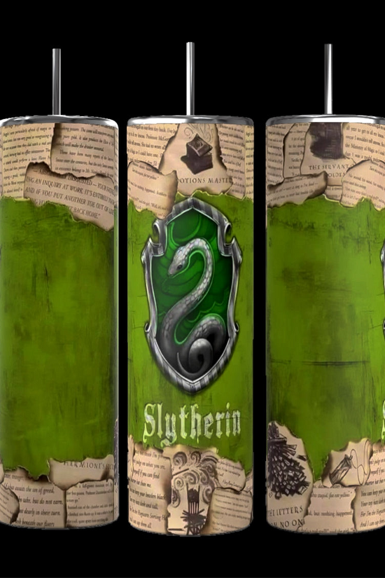 Kreative Kreationz's Harry Potter Collection 20oz Tumbler features Slytherin-themed designs, including a green background, a silver snake emblem, and torn parchment illustrations. The word 