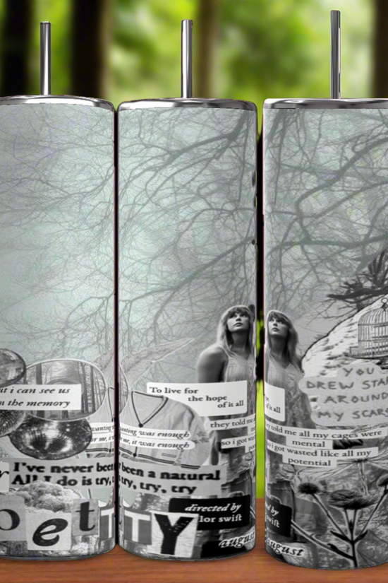 Three Folklore Taylor Swift 20oz Skinny Tumblers from Kreative Kreationz with monochromatic collage artwork depicting a forest background, intertwined branches, and cut-out text fragments featuring various quotes. Two partial portraits of a person are visible among the text and background imagery. Each tumbler includes a spill-proof lid and reusable straw.