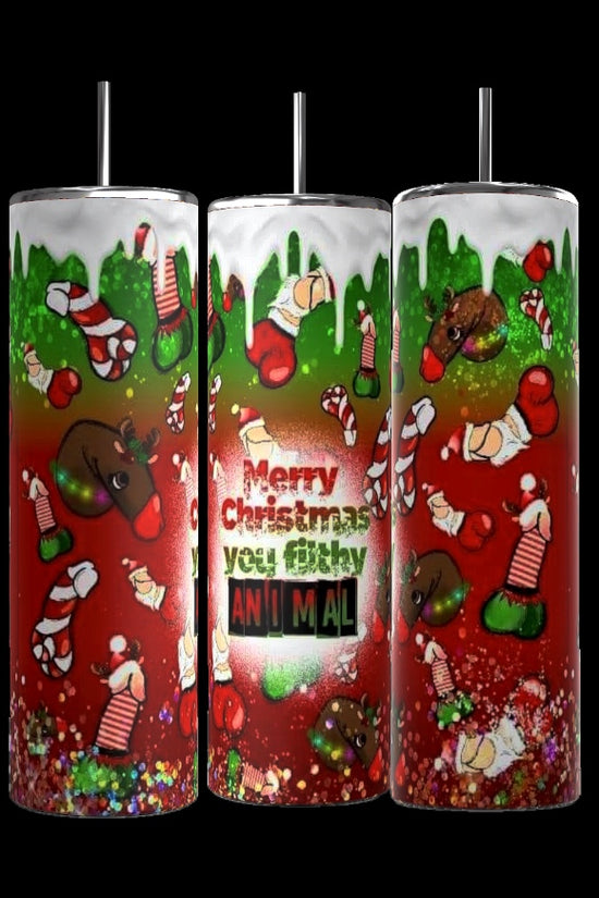 The Kreative Kreationz set includes three Filthy Animal 20oz Skinny Tumblers, each featuring vibrant designs of reindeer and candy canes, adorned with holiday decorations and text reading 