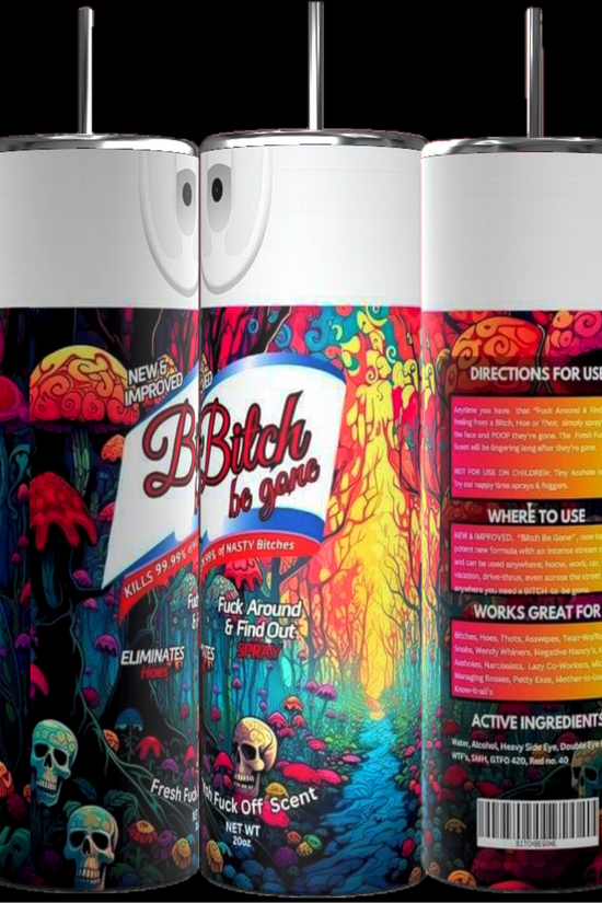 Three 20oz Halloween Bitch Spray Tumblers by Kreative Kreationz showcasing the front, back, and side labels. The vibrant design features colorful mushrooms, skulls, and floral elements. The text promises to eliminate rudeness and includes directions, uses, and ingredients on the side label.