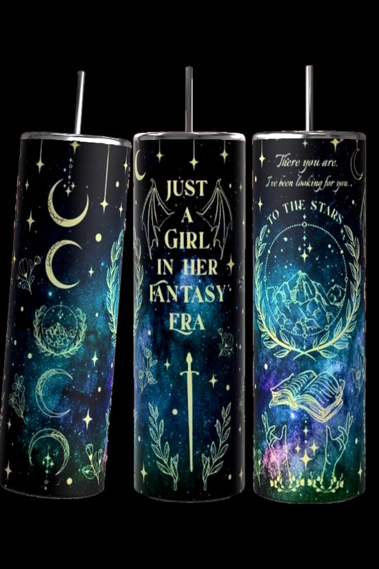 A set of three 20oz tall tumblers from Kreative Kreationz, each with spill-proof black lids and straws. They feature celestial designs including stars, moons, and mystical symbols. The central tumbler prominently displays the phrase 