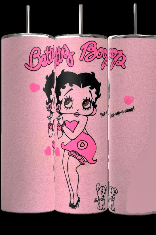 Three pink Kreative Kreationz BB 20oz Skinny Tumblers feature a cartoon character with hearts and her dog, showcasing durable construction. The text reads 