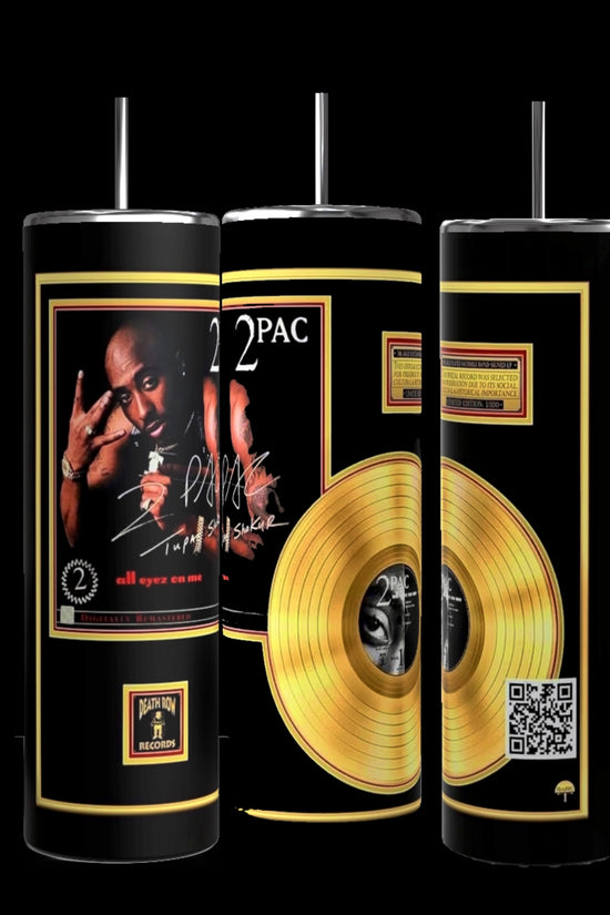 Three stainless steel black cylindrical drink tumblers from Kreative Kreationz, featuring artwork and imagery related to 2Pac's album 