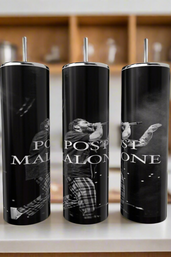 Three luxury-inspired Posty tumblers from Kreative Kreationz, adorned with images of Post Malone and the text 