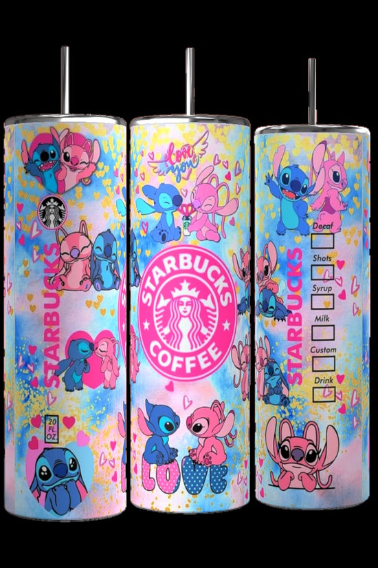 Three vibrant Starbucks tumblers featuring cute cartoon characters and lively decorations are displayed. Each 20 oz capacity tumbler showcases a Starbucks logo in pink, blue, and yellow hues. One handmade tumbler highlights a custom order box design, while another is the unique Custom Stitch Starbucks 20oz Tumbler by Kreative Kreationz.