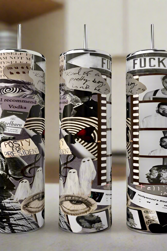 Kreative Kreationz presents the Post Malone Filmstrip Tumblers, featuring artistic black and white collages with photos, text snippets, eyes, ghosts, film strips, and words. These luxurious stainless steel designs stand elegantly against a blurred indoor background.