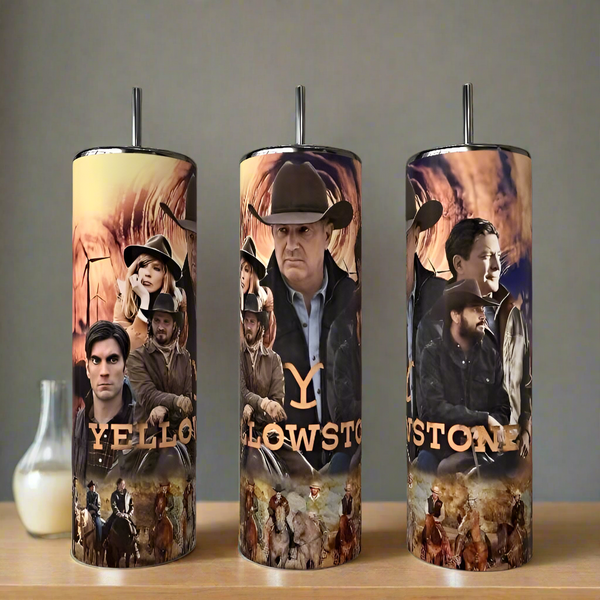 The Kreative Kreationz Yellowstone Collage 20oz Tumbler features luxury drinkware with Yellowstone characters, cowboys, and a ranch scene. Each eco-friendly tumbler sits on wood with a small candle in the background.